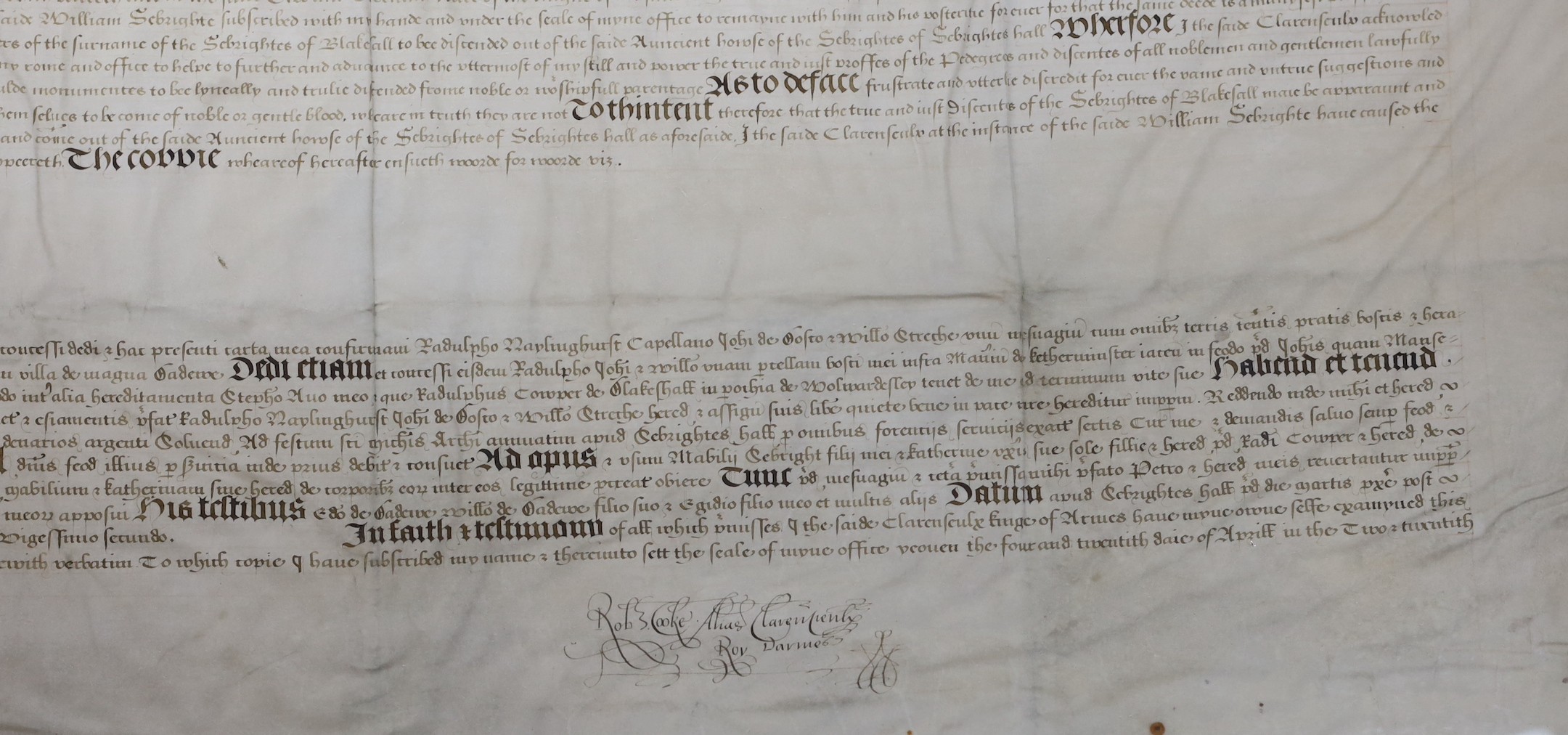 Two documents relating to a grant of arms to Edward Sebright of Blakeshall in Wolverley, Worcestershire, gentleman, April 1580